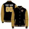 Custom NO.Saints Black-Brown Bomber Full-Snap Varsity Letterman Jacket