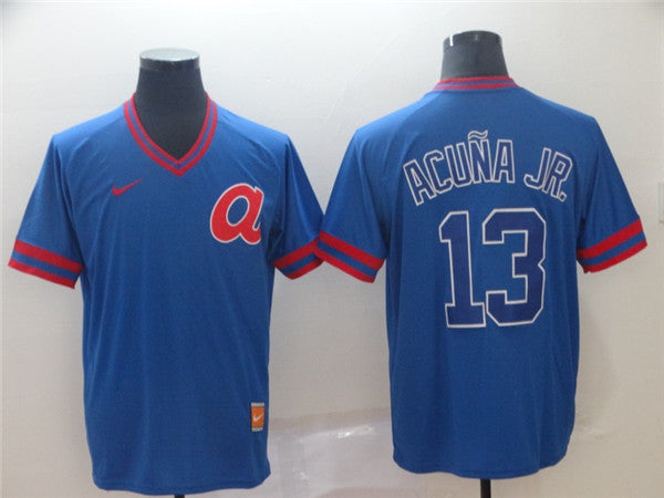 Custom Fan-Made Ronald Acuna Jr Atlanta Braves #13 Blue Throwback Baseball Jersey