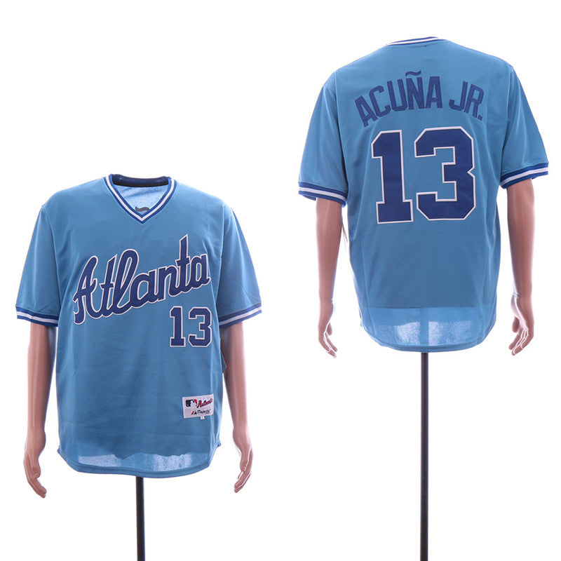 Custom Fan-Made Ronald Acuna Jr Atlanta Braves #13 Blue Throwback Baseball Jersey