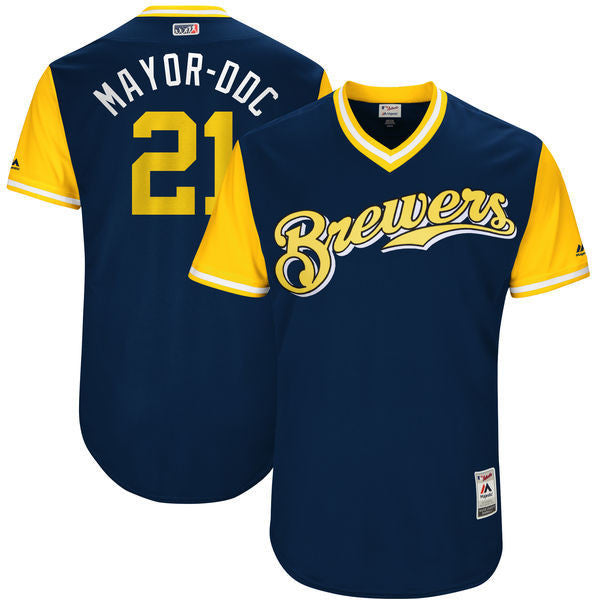 Custom Fan-Made Travis Shaw Mayor Ddc Milwaukee Brewers #21 Navy 2017 Baseball Jersey