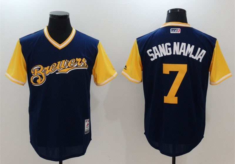 Custom Fan-Made Eric Thames Sang Namja Milwaukee Brewers #7 Navy 2017 Baseball Jersey