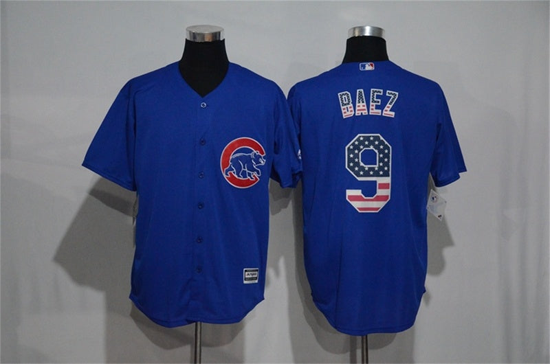 Custom Fan-Made Javier Baez USA Flag Chicago Cubs #9 Blue Baseball Jersey