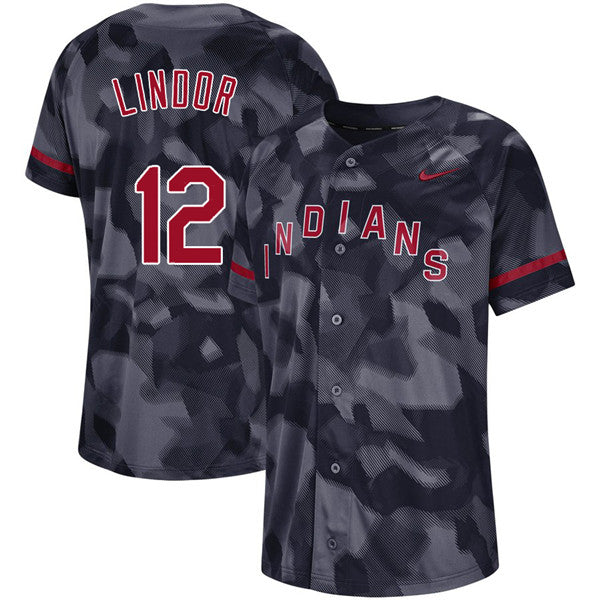 Custom Fan-Made Francisco Lindor Camo Cleveland Guardians #12 Black Baseball Jersey