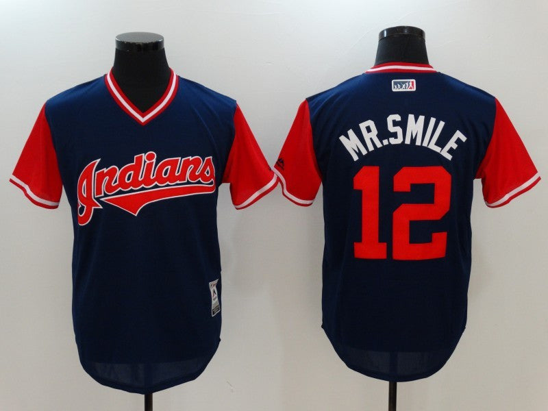 Custom Fan-Made Francisco Lindor Mr. Smile Cleveland Guardians #12 Navy 2017 Baseball Jersey