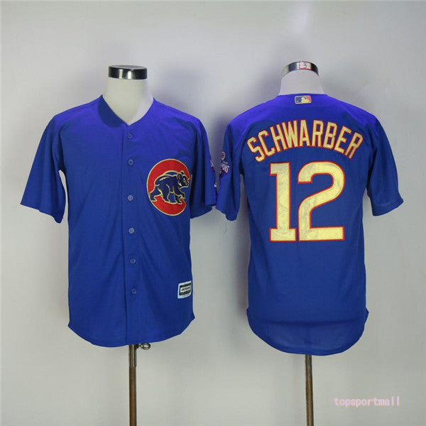 Custom Fan-Made Kyle Schwarber Pinstripe Chicago Cubs #12 Blue Baseball Jersey