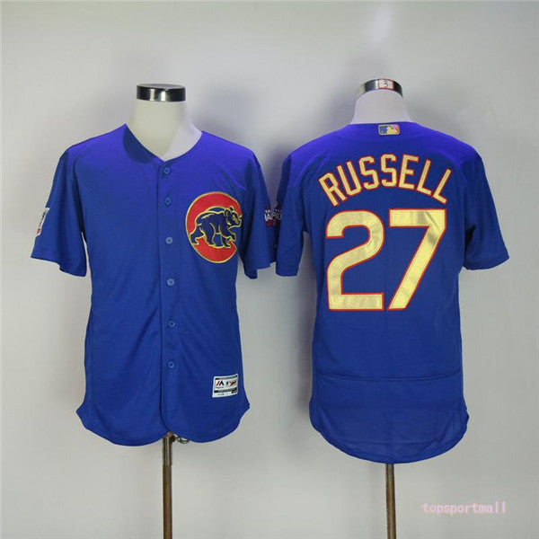 Custom Fan-Made Addison Russell Pinstripe Chicago Cubs #27 Blue Baseball Jersey