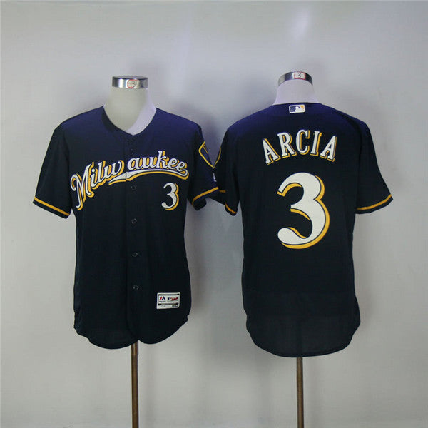 Custom Fan-Made Orlando Arcia Pinstripe Milwaukee Brewers #3 Blue Baseball Jersey