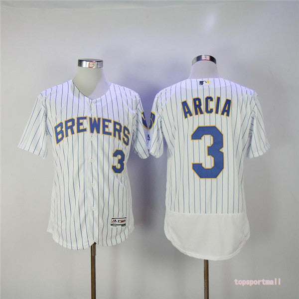 Custom Fan-Made Orlando Arcia Pinstripe Milwaukee Brewers #3 White Baseball Jersey