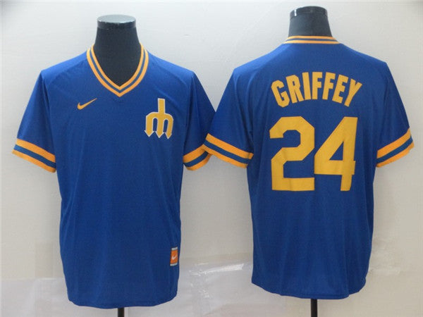 Custom Fan-Made Ken Griffey Jr Seattle Mariners #24 Blue Throwback Baseball Jersey