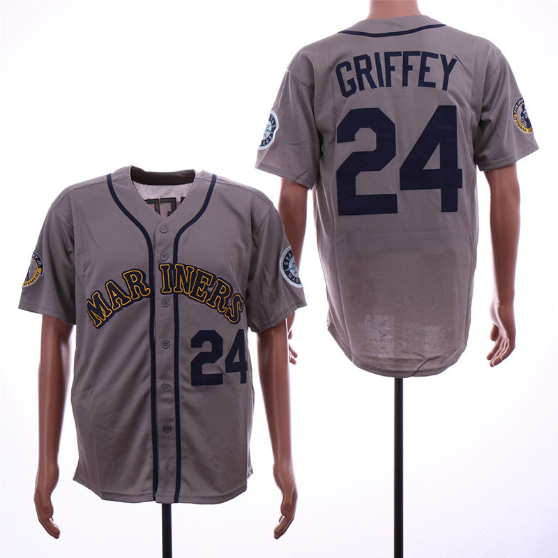 Custom Fan-Made Ken Griffey Jr Seattle Mariners #24 Grey Throwback Baseball Jersey
