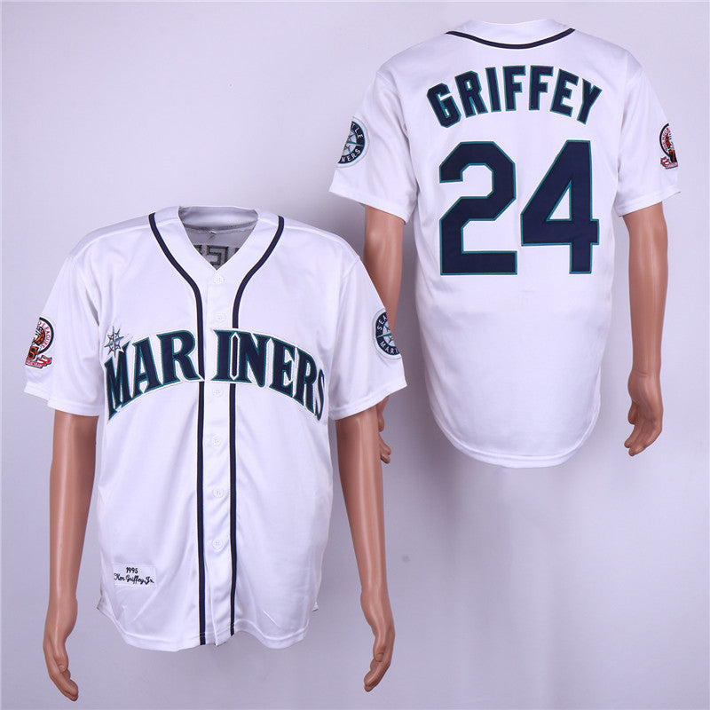 Custom Fan-Made Ken Griffey Jr Seattle Mariners #24 White 1995 Throwback Baseball Jersey