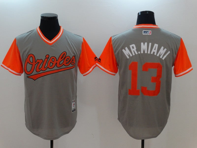 Custom Fan-Made Manny Machado Mr. Miami Baltimore Orioles #13 Grey 2017 Baseball Jersey