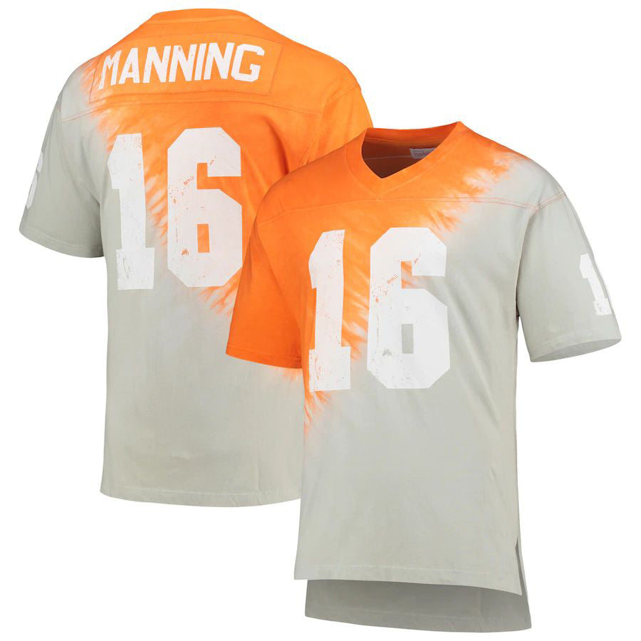 T.Volunteers #16 Peyton Manning Name & Number Tie-Dye V-Neck T-Shirt - Gray Tennessee Orange Stitched American College Jerseys