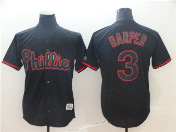 Custom Fan-Made Bryce Harper Shadow Philadelphia Phillies #3 Black Baseball Jersey