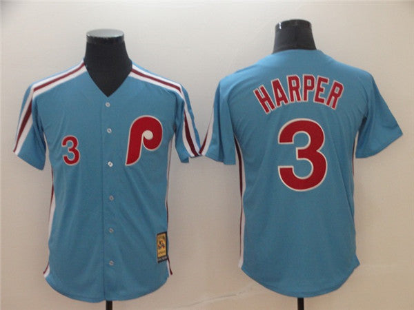 Custom Fan-Made Bryce Harper Cooperstown Philadelphia Phillies #3 Blue Baseball Jersey