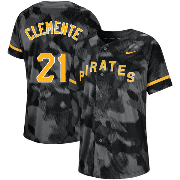 Custom Fan-Made Roberto Clemente Camo Pittsburgh Pirates #21 Black Baseball Jersey