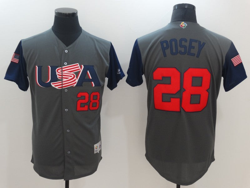 Custom Fan-Made USA Buster Posey Style #28 Grey 2017 Baseball Jersey