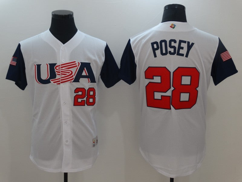 Custom Fan-Made USA Buster Posey Style #28 White 2017 Baseball Jersey