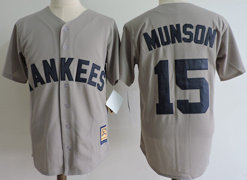 Custom Fan-Made Thurman Munson New York Yankees #15 Grey Baseball Jersey