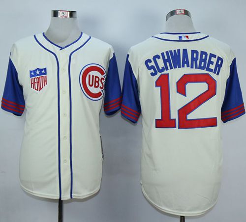 Custom Fan-Made Kyle Schwarber Cream/Blue Chicago Cubs #12 1942 Throwback Turn Back Clock Edition Baseball Jersey