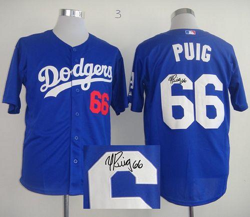 Custom Fan-Made Yasiel Puig Autographed Los Angeles Dodgers #66 Blue Baseball Jersey