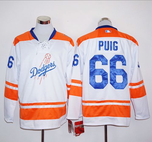 Custom Fan-Made Yasiel Puig White/Orange Long Los Angeles Dodgers #66 Baseball Jersey