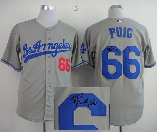 Custom Fan-Made Yasiel Puig Autographed Los Angeles Dodgers #66 Grey Baseball Jersey