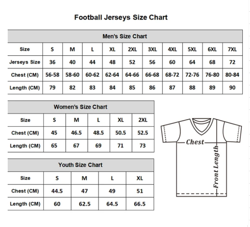 Football Jerseys Size Chart – Men's, Women's and Youth measurements in centimeters