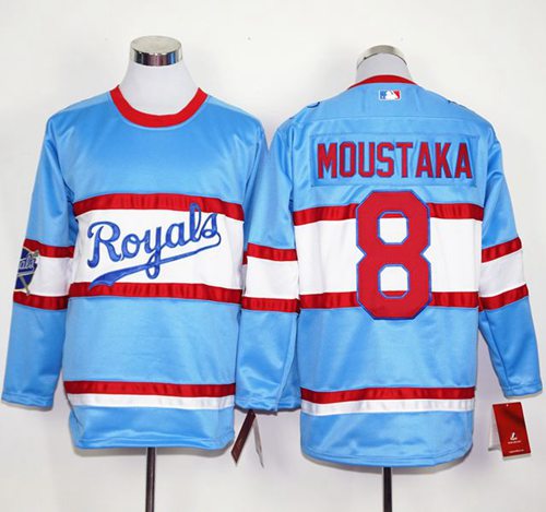 Custom Fan-Made Mike Moustakas Long Kansas City Royals #8 Blue Baseball Jersey