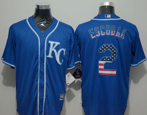 Custom Fan-Made Alcides Escobar USA Flag Kansas City Royals #2 Blue Baseball Jersey