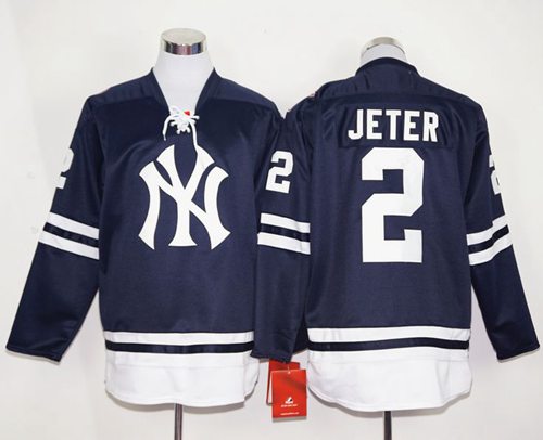 Custom Fan-Made Derek Jeter Long New York Yankees #2 Blue Baseball Jersey
